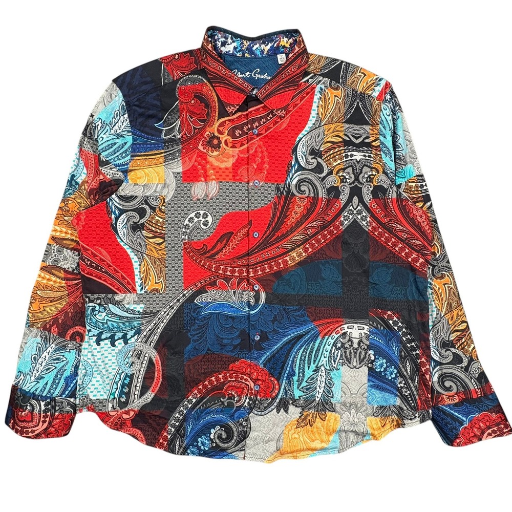 Robert Graham Carbon Form Shirt Mens 4XL Red Blue Paisley Patchwork Embroidered